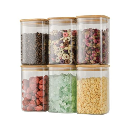 D2scrma 37oz Airtight Glass Square Storage Canisters with Bamboo Lid Set of 6 (1100ml) Stackable Containers, Kitchen Jars for Pantry Noodles, Flour and Coffee beans (‎with Black Lable) - size: 37oz*6