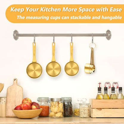 Magnetic Measuring Cups & Spoons Set for Cooking, 15pcs | 7 Gold Measuring Cups, 7 Double-Sided Measuring Spoons & 1 Leveler, Gold Baking Kitchen Gadgets for Dry & Liquid Ingredients