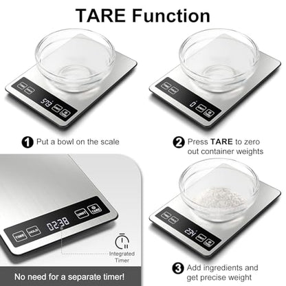Fuzion Food Kitchen Scale 22lb/0.1oz - Food Scale 7 Units, Tare & Timer | Rechargeable, Tempered Glass+ Stainless Steel, Digital Kitchen Scale Grams and oz for Weight Loss, Cooking, Baking, Meal Prep - color: Silver Black