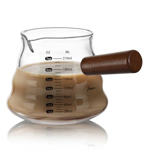 Joeyan 7 oz Glass Measuring Cup, Espresso Shot Glasses with Spout and Wooden Handle, Clear Milk Frothing Pitcher, Wave Shaped Borosilicate Espresso Bar Accessories for Coffee - color: Clear wavy espresso cup