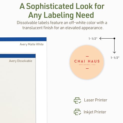 Avery Dissolvable Round Labels, Sure Feed Technology, 1.5" Diameter, Matte White, Print-to-The-Edge, Laser/Inkjet Printable, 500 Labels Total - style: 500 labels
