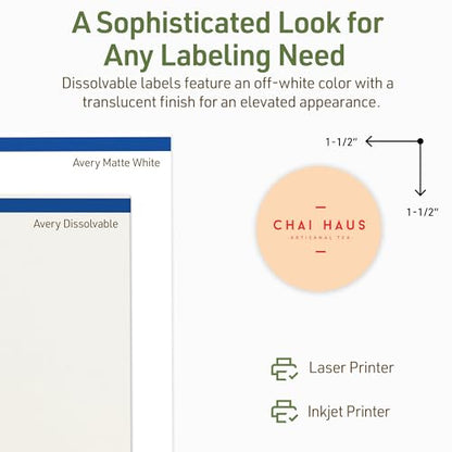 Avery Dissolvable Round Labels, Sure Feed Technology, 1.5" Diameter, Matte White, Print-to-The-Edge, Laser/Inkjet Printable, 500 Labels Total - style: 500 labels