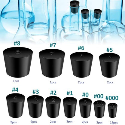 Laboratory Grade Rubber Stoppers, 30 Pieces Assorted Tapered Bungs Set, 11 Different Sizes from 000# to 8#, Solid Black Lab Supplies