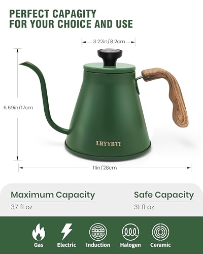 Gooseneck Kettle Stovetop with Thermometer for Durable 3-Layer Base，Pour Over Kettle Stainless Steel Tea Kettle Compatible with all Stove Tops (Green, 37 fl oz) - color: Green