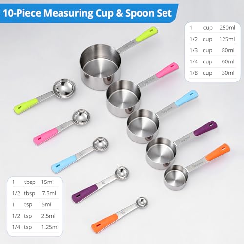 Bopei Measuring Cups and Spoons Set Stainless Steel 10 Piece for Cooking and Baking (5 Cups + 5 Spoons, Colorful Handles) - color: Colorful