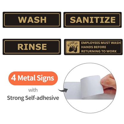 (4 PACK) Wash Rinse Sanitize Sink Labels Signs Stickers with Employees Must Wash Hands Sign, Self-adhesive Waterproof Aluminum Metal Sign for Restaurant Kitchen Sinks (Black/Gold, 9" x 3") - color: Black/Gold, size: 9" x 3"