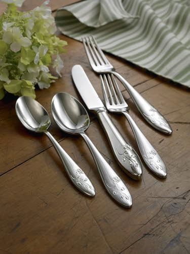 Lenox Silverware Set For 12, Butterfly Meadow 65-Piece Flatware Set, Service For 12, 18/10 Stainless Steel, Dishwasher Safe, Butterfly and Flower Motif, Includes Serving Utensils (Silver, 65 Piece) - style: 65-Piece Flatwate Set