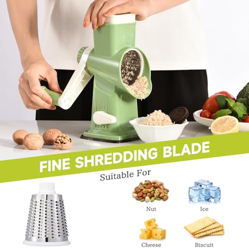 Rotary Cheese Grater Hand Crank Transparent - Shredder Slicer Grinder 3 Stainless Steel Blades, Stable Suction, Labor-Saving Handle, Safe Kitchen Tool for Cheese, Vegetable, Nuts, Chocolate - color: Green