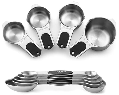 Spring Chef Magnetic Measuring Cups & Spoons Set, Patented, Strong N45 Magnets, Heavy Duty Stainless Steel Fits in Spice Jars for Baking & Cooking, BPA Free, Round Set of 9, Black - color: Black, size: Set of 9