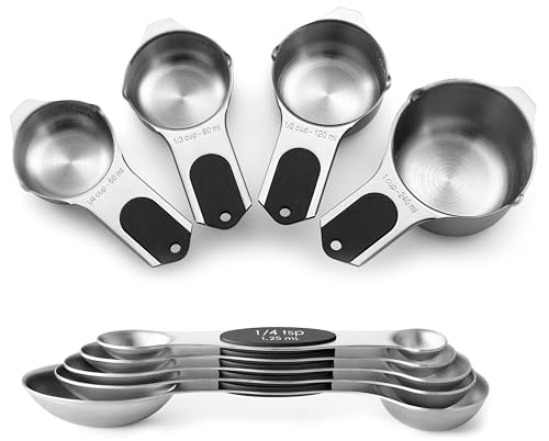 Spring Chef Magnetic Measuring Cups & Spoons Set, Patented, Strong N45 Magnets, Heavy Duty Stainless Steel Fits in Spice Jars for Baking & Cooking, BPA Free, Round Set of 9, Black - color: Black, size: Set of 9