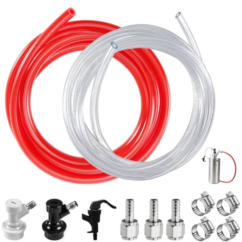 3FT 5/16 Beer Line Tubing & 5FT 5/16 CO2 Gas Line & 1Pair Ball Lock Keg Connectors & 1 Picnic Tap,Cuttable PVC Draft Beer Kegerator Line CO2 Regulator Gas Line Barb Fitting Hose Clamps Kegerator Parts