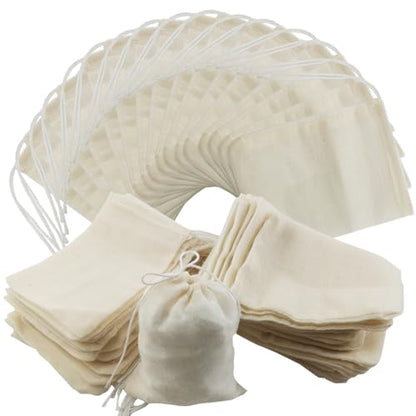 RONYOUNG 60PCS 3”X4” Reusable Drawstring Cotton Tea Bags - Cheesecloth Bags for Straining, Muslin Bags, Sachet Bags, Soup Bags, Coffee Tea Bone Broth Brew Bags