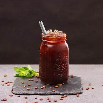 Reusable Boba Bubble Tea & Smoothie Cups - 2 Glass Wide Mouth 32 oz Mason Jars with Bamboo Lids - 2 Reusable Silver Stainless Steel Boba Straws