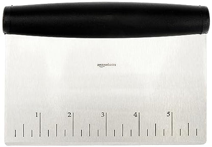 Amazon Basics Multi-Purpose Bench Scraper, Stainless Steel Dough Cutter with Measurement Marks, Dishwasher Safe, Non-slip Contoured Grip, 6", Black, Silver
