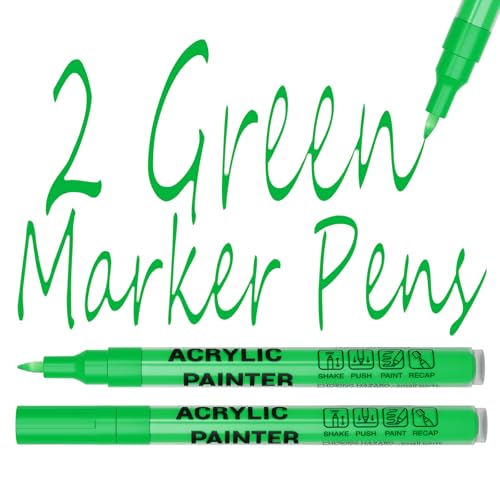Acrylic Paint Pens Waterproof Markers 2 Green Permanent Marker Pens Acrylic Pens for Rock Painting Glass Stone Ceramic Metal Fabric Pebble Painting pens Craft Supplies - color: Green