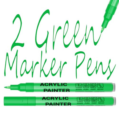 Acrylic Paint Pens Waterproof Markers 2 Green Permanent Marker Pens Acrylic Pens for Rock Painting Glass Stone Ceramic Metal Fabric Pebble Painting pens Craft Supplies - color: Green