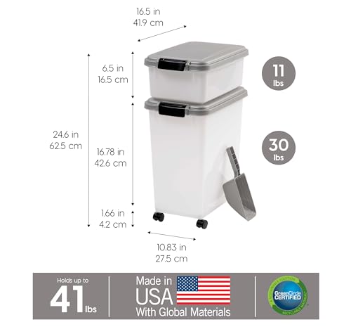 IRIS USA 30 lbs & 11 lbs Combo Airtight Dog Food Storage Container, Stackable Treat Box, 2-Cup Scoop, Wheels, Keep Fresh, Easy Mobility, Silver - color: Silver