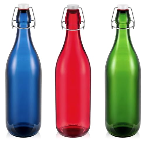 Teenyyou 3 Pcs Multicolor Glass Bottle 1 L / 33.75 oz Decorative Bottles Multicolor Swing Top Glass Bottles with Airtight Lid for Centerpieces Garden Decor, Bottle Tree - color: Multicolor, size: 33.75oz
