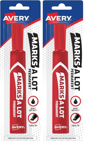 AVERY Marks-A-Lot Permanent Markers, Regular Desk-Style Size, Chisel Tip, Water and Wear Resistant, 1 Red Marker (17887) (Pack of 2) - size: 1 Count (Pack of 2)