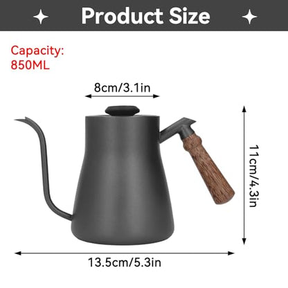 Pour over Coffee Kettle with Thermometer, 850ml Goose Neck Kettle Pot Induction Kettle Stovetop Stainless Steel Gooseneck Kettle with Wood Handle