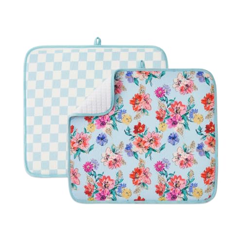 FRESHMINT Printed Dish Drying Mats for Kitchen Counter 2 Pack Absorbent Reversible Drying Mats Microfiber Kitchen Countertop Protector Dishes Drying Pad Extra Large 18"x16" Dish Mat - color: Checkerboard Florals, size: 16''X18''