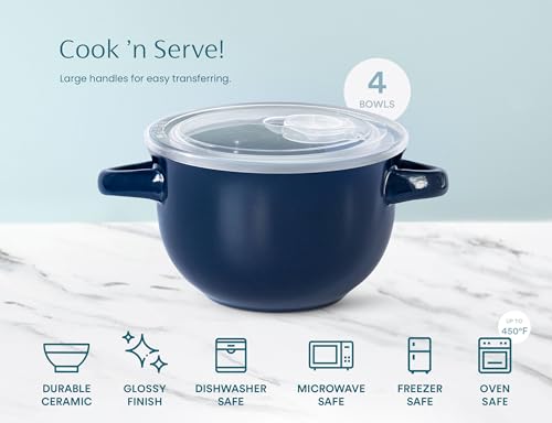 KooK French Onion Soup Bowls, Crocks, Oven Safe Bowls, Soup Mugs, Ceramic Bowls, Dishwasher, Microwave, Set of 4, 18 oz (Blue) - color: Blue