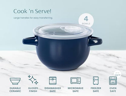 KooK French Onion Soup Bowls, Crocks, Oven Safe Bowls, Soup Mugs, Ceramic Bowls, Dishwasher, Microwave, Set of 4, 18 oz (Blue) - color: Blue