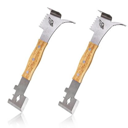 Fasmov 2 Pack Multipurpose Steel Hive Tools with Wooden Handle, 7 in 1 Beekeeping Equipment Bee Hive Hand Tool Beekeeper Tool, Beekeeping Hive Scraper Tool Professional Beekeeping Equipment