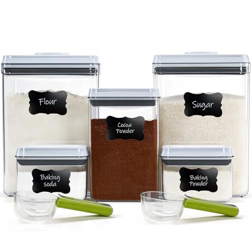 Pop Push Button Airtight Food Storage Containers Baking Set 5 Pcs | BPA-Free Stackable Canisters with Scoops – 3 Sizes for Flour, Sugar, Baking Soda, Cocoa Powder, Pantry & Baking Essentials - color: 5 Pcs Set