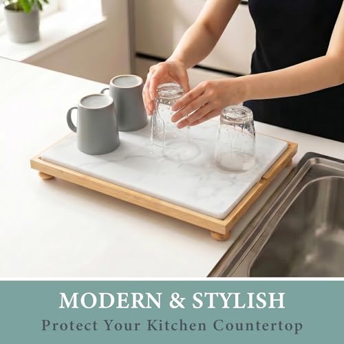 Golener Stone Drying Mat for Kitchen Counter, Dish Drying Pad with Bamboo Rack, Super Absorbent Diatomaceous Earth and Drying Rack, Multi-purpose Quick Drying Mat Rack for Kitchen,Marble White,16”x12”