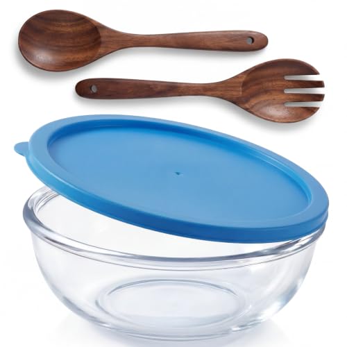 4.7 Qt Large Glass Mixing Bowl with Lid and Acacia Spoons Forks Salad Serving Glass Bowl Meal Prepping Container for Sourdough Bread Baking Fruit Kitchen Storage Marinating Brining Kimch