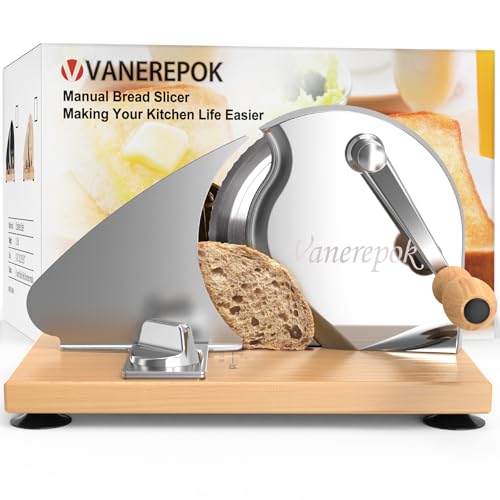 vanerepok Manual Bread Slicer Adjustable Thickness for Homemade Sourdough | Hand Crank Bread Cutter with Scale & Stable Suction Cups & Wood Base for Even Slicing Perfect Baking Gift for Home Bakers - color: Silvery-white