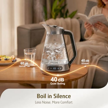 Hazel Quinn Glass And Stainless Steel Electric Kettle, 1.5 Liters Tea Kettle And Hot Water Kettle, BPA-Free, ±1°C Temp Control, 24H Keep Warm, 1000W Fast Quiet Boil, Anti-Residue Bottom, Auto Shut-Off