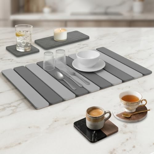 5 Pcs - Large Stone Dish Drying Mat for Kitchen Counter, Foldable Quick Dry Stone Dish Mat, Diatomaceous Earth Water Absorbing Pad 24"×16" & 2*8"x4" with 2 Coasters (Dark Grey + Grey) - color: Dark Grey + Grey