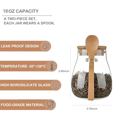 Airtight glass jar storage container with bamboo lid Set of 2, wide mouth, leak-proof, With a spoon, can be used for coffee beans, tea leaves, grains, dried fruits, etc (Small) - color: Small