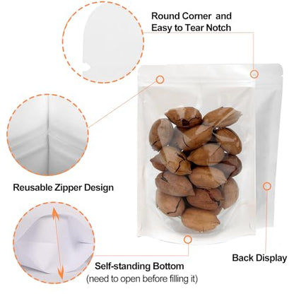 100 PCS Resealable Packaging Bags for Small Business，Kraft Bags With Window Clear Fornt Heat Seal Sealable 7"x10"Paper Zipper Stand Up Pouches Nut Bag Coffee Cookie Herb Food Bakery Storage - size: 7X10 INCH