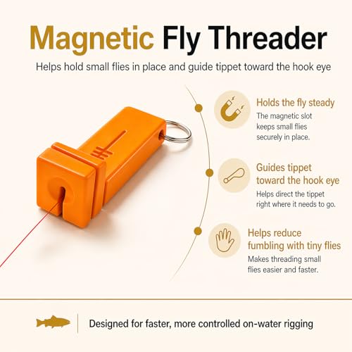 Fly Fishing accessories- Magnetic Fly Threader Bright Orange, 4-Slot Precision Threading Tool for Fly and Ice Fishing, Lightweight Plastic Hook Threader with Keychain for Wading Low Light Cold Hands | Magnetic Fly Threader for Tiny Hook Eyes, Cold Hands,