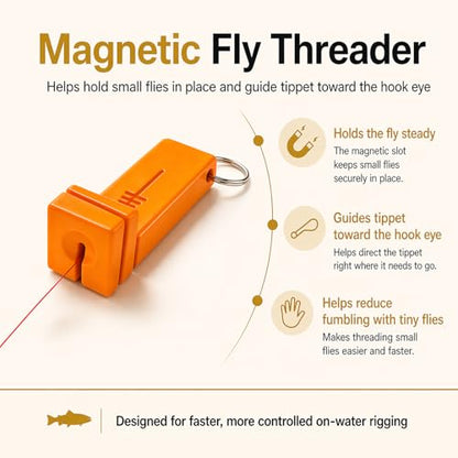 Fly Fishing accessories- Magnetic Fly Threader Bright Orange, 4-Slot Precision Threading Tool for Fly and Ice Fishing, Lightweight Plastic Hook Threader with Keychain for Wading Low Light Cold Hands | Magnetic Fly Threader for Tiny Hook Eyes, Cold Hands,