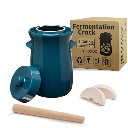 Fermentation Crock 3.8Liter/1 Gallon Stoneware Pot for Fermenting, Pickling Kimchi, Pickles, Vegetables, Kombucha - Glazed Fermenter with Stone Weights, Lid & Pickle Tamper-Blue Crock
