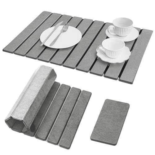 Large Stone Dish Drying Mat for Kitchen Counter,Natural Quick Dry Stone Dishes Mats,Foldable Water Absorbing Diatomaceous Earth Drying Organizer Pad for Kitchen Utensils(Light Gray 24"×16" & 8"x4") - color: LightGray, size: 24" x 16"