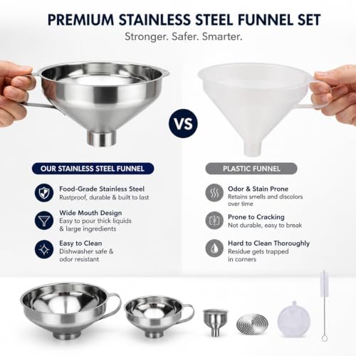 Stainless Steel Funnel Set, Wide Mouth Canning Funnel, Metal Kitchen Funnels for Jar Bottle Filling Canning Supplies