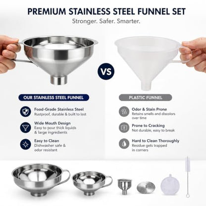 Stainless Steel Funnel Set, Wide Mouth Canning Funnel, Metal Kitchen Funnels for Jar Bottle Filling Canning Supplies