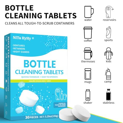 Bottle Brush and Bottle Cleaning Tablets, Also can Clean dentures,60 pc | Non-slip handle,Reusable;Thermos Cleaning Tablets,Stainless Steel Cleaner,Coffee Pot,Glass,Tumbler