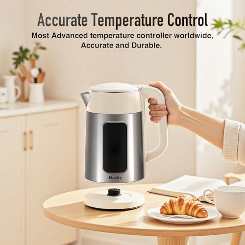 Mecity Electric Kettle 1.7L Touch Screen Temperature Control Water Boiler, No Plastic Contact with Water. 6 Presets For Tea and Coffee, 2 Hours Keep Warm, Auto Shut Off, Cream & Stainless Steel Color - color: Silver & Cream