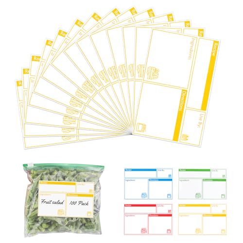 100pcs Labels for Freezer Bags Freezer Meal Labels with Instructions 3.2 X 5 inch Oil and Water Resistant Labels Food Labels for Freezer Storage for Leftovers in Fridge Removable Freezer (Yellow) - color: Yellow
