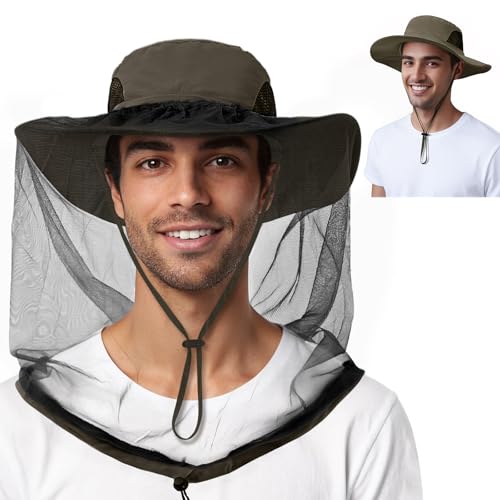 American Trends Fishing Hat with Hidden Mosquito Net Bug Net Bee Keeper Hats with Veil Bucket Hat for Men Women - color: Army Green