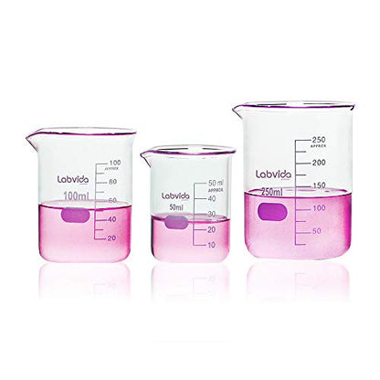 Upgrated 3 Size Low Form Beaker Set, 50ml 100ml 250ml, 3.3 Boro Glass Beakers with Printed Graduation, LVA017 - style: 3 Sizes: 50/100/250ml,each 1pc