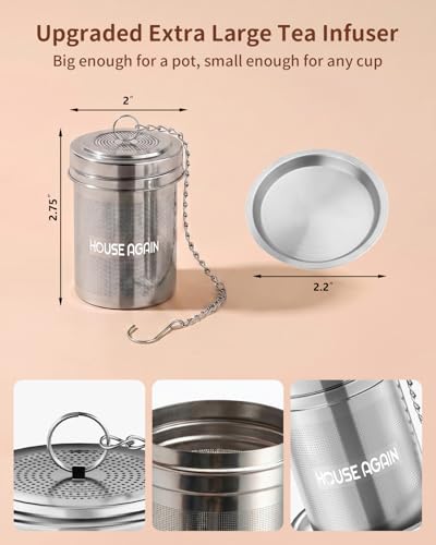 HOUSE AGAIN Large Tea Infuser, Extra Fine Mesh Tea Strainers for Loose Tea, 18/8 Stainless Steel Tea Strainer with Extended Chain Hook, Tea Steeper for Brew Tea, Spices & Seasonings for Multi Cups - size: Large × 1