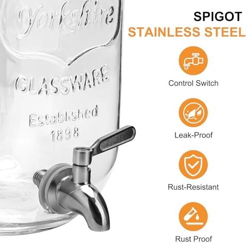 1 Gallon Glass Beverage Dispenser with Lid, Stainless Steel Spigot, Glass Drink Dispensers for Parties, Lemonade Dispenser With Ice Cylinder for Weddings, Party,Sun Tea Jar, Water Juice Dispensers