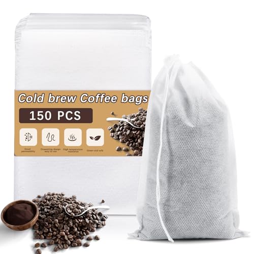 150 Pcs Cold Brew Bags 4x6 inch, No Mess Disposable Cold Brew Coffee Filter Pouches with Drawstring Large Empty Tea Bag for Loose Leaf Tea, Iced Coffee, Herbs, Spice, Home brewing, Hot pot - color: 4 x 6 inch - 150 Pcs